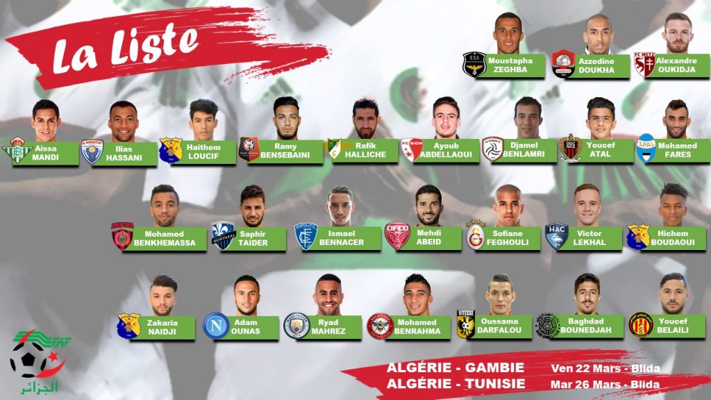 BELMADI CONVOQUE 26 JOUEURS POUR LES MATCHS DE LA GAMBIE ET DE LA TUNISIE